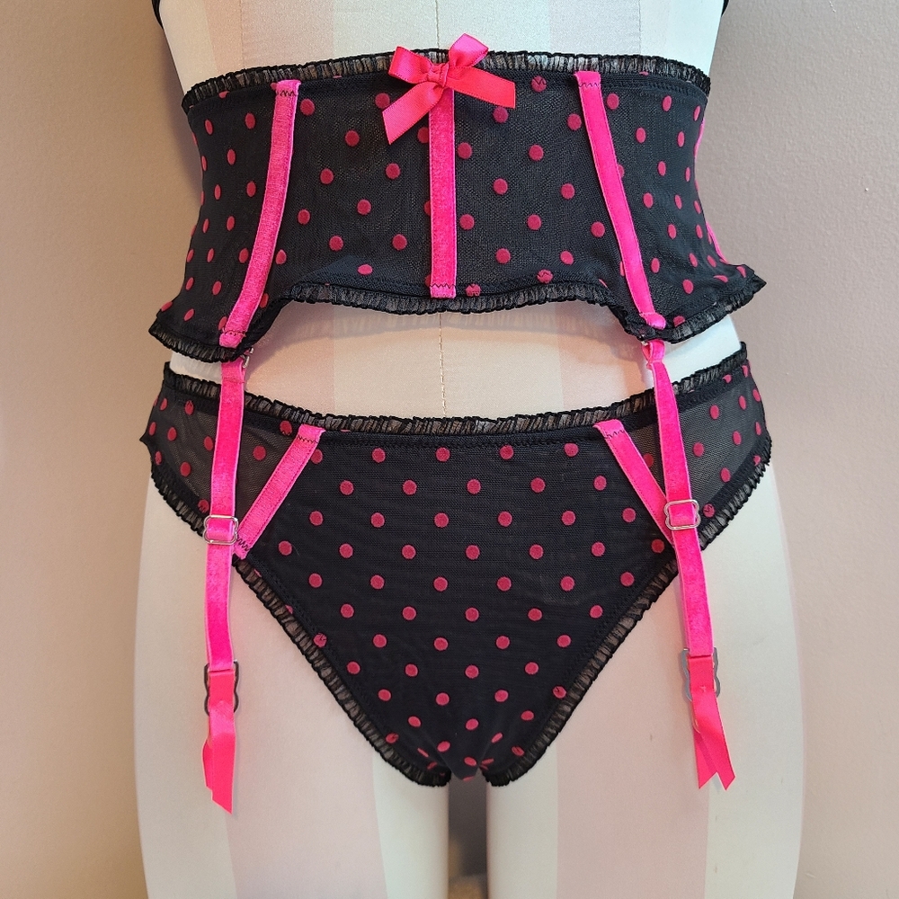 Rare VTG VS Sexy Little Things 3pc Polka-dot Pin-up Lingerie Set Size 34D/Lg - Picture 4 of 8